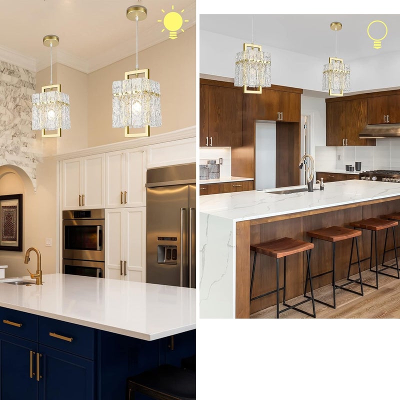 IKK Gold Crystal Pendant Light for Kitchen Island, Luxury Water Ripple Glass Chandelier Lights Fixture, Modern Elegant Adjustable Pendant Lighting for Dining Room Bedroom, E12 Bulb, L6.5'' x H11.8'' - Image 4